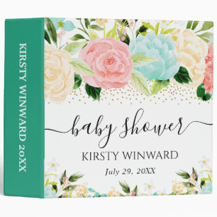 Pink and Mint Flowers Baby Shower Photo Album 3 Ring Binder