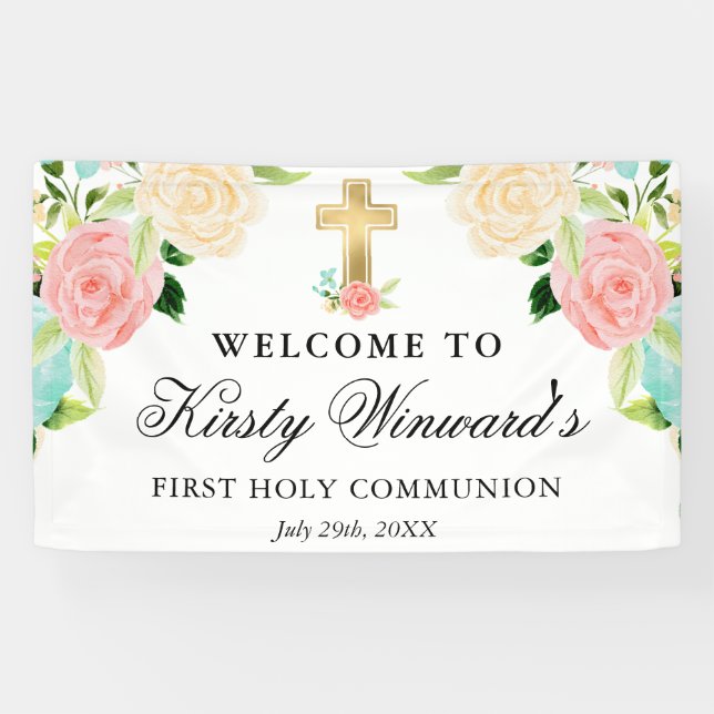 Pink and Mint  Flowers First Holy Communion Banner (Horizontal)