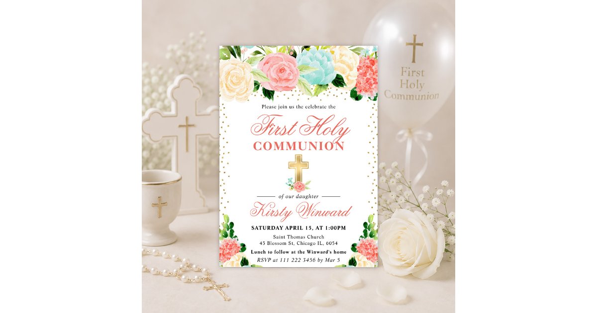 Communion Mint Pink and Mint Flowers First Holy Communion Invitation | Zazzle
