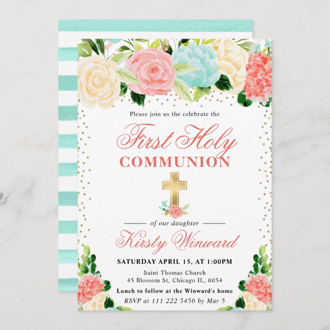 Pink and Mint Flowers First Holy Communion Invitation (Front/Back)