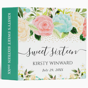 Pink and Mint Flowers Sweet 16 Photo Album 3 Ring Binder
