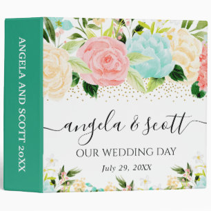 Pink and Mint Flowers Wedding Photo Album 3 Ring Binder