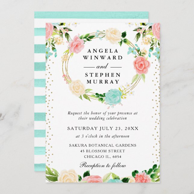 Pink and Mint Flowers Wreath Wedding Invitation (Front/Back)