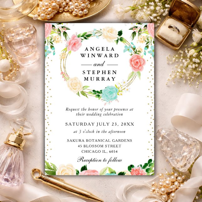 Pink and Mint Flowers Wreath Wedding Invitation (Creator Uploaded)