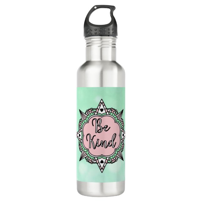 Pink and Mint Green Be Kind Stainless Steel Water Bottle (Front)