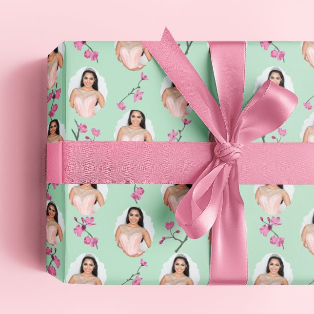 Pink and Mint Green Cherry Blossom Custom Photos Wrapping Paper (Creator Uploaded)