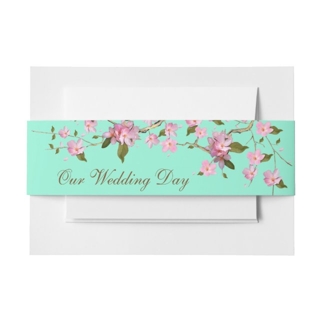 Pink and Mint Green Cherry Blossom Invitation Belly Band (Front Example)