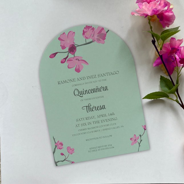Pink and Mint Green Cherry Blossom Quinceanera Invitation (Creator Uploaded)