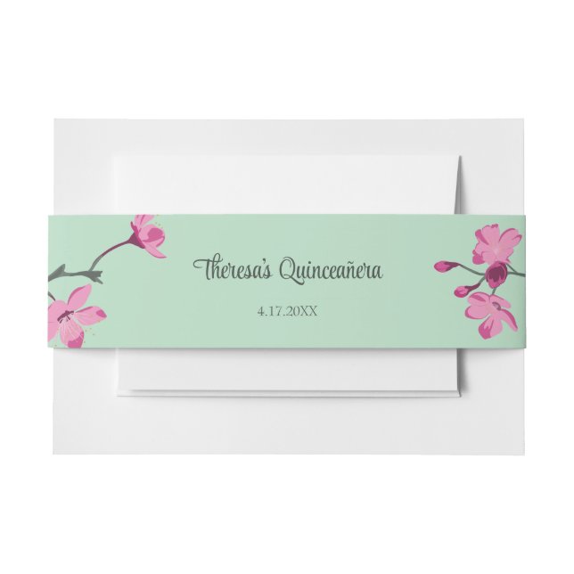 Pink and Mint Green Cherry Blossom Quinceanera Invitation Belly Band (Front Example)