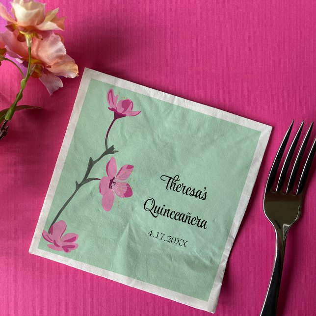 Pink and Mint Green Cherry Blossom Quinceanera Napkins (Creator Uploaded)