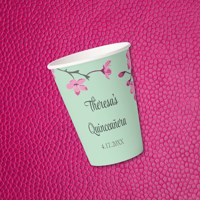 Pink and Mint Green Cherry Blossom Quinceanera Paper Cups (Creator Uploaded)