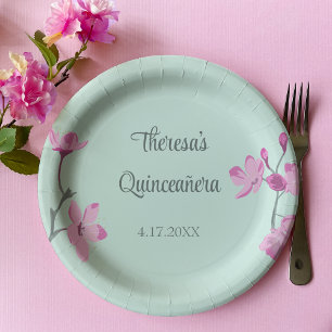 Pink and Mint Green Cherry Blossom Quinceanera Paper Plates