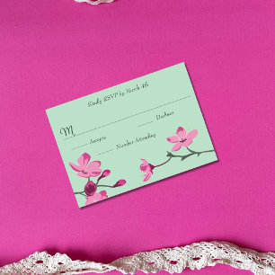 Pink and Mint Green Cherry Blossom Quinceanera RSVP Card