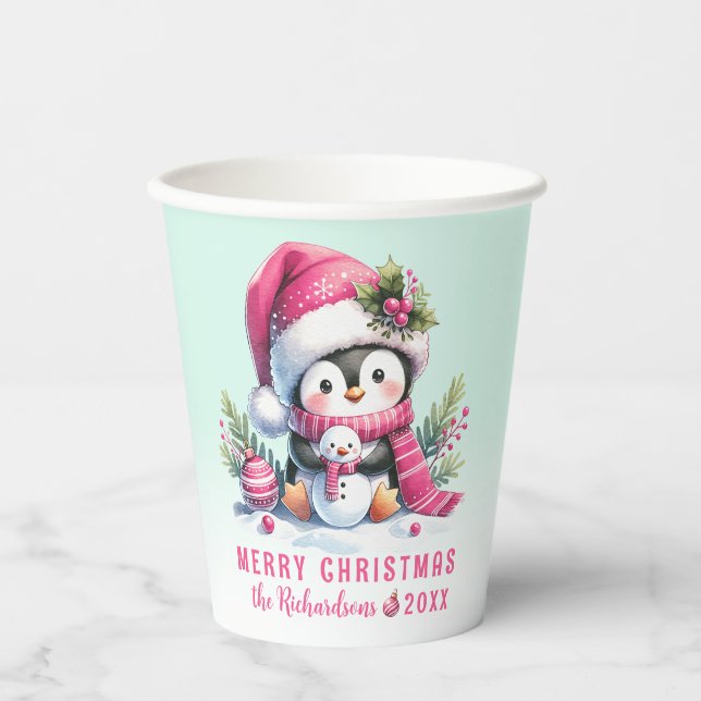 Pink and Mint Green Cute Penguin Merry Christmas Paper Cups (Front)