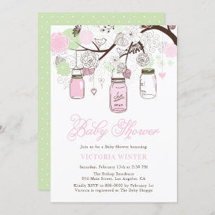 Pink and Mint Green Hanging Mason Jars Baby Shower Invitation