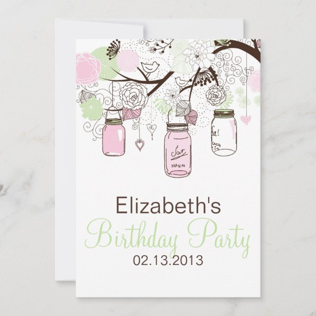 Pink and Mint Green Mason Jars Birthday Invitation (Front)