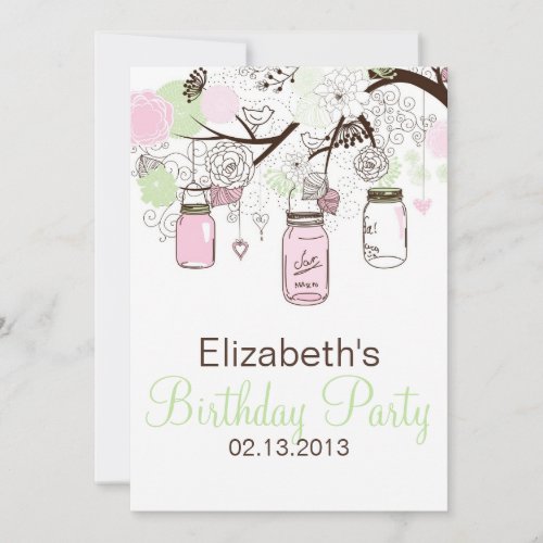 Pink and Mint Green Mason Jars Birthday Invitation
