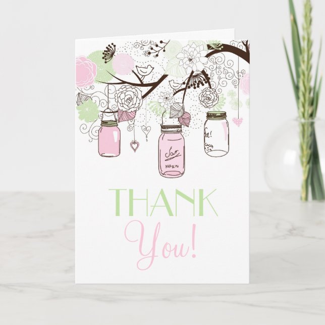 Pink and Mint Green Mason Jars Thank You Card (Front)