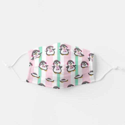 Pink and Mint Green Striped Festive Penguin Adult Cloth Face Mask