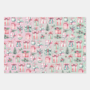 Pink and Mint Green Vintage Christmas Pattern Wrapping Paper Sheets