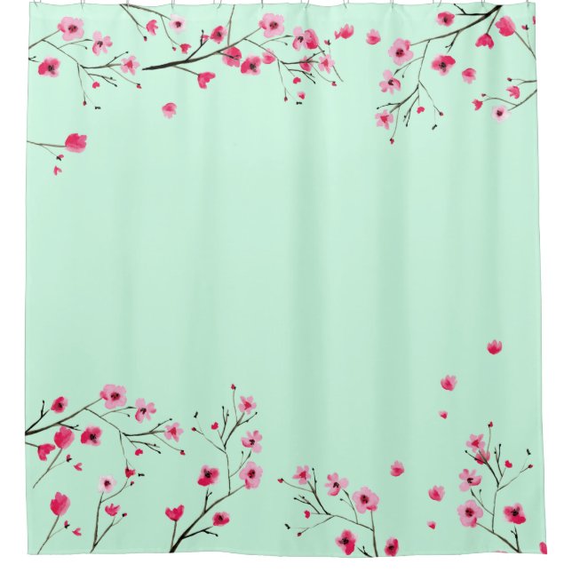 Pink and Mint Green - Watercolor Cherry Blossom Shower Curtain (Front)