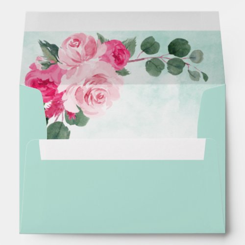 Pink and Mint Green Watercolor Floral Wedding Envelope