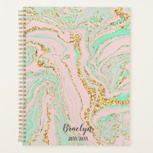 Pink and Mint Marble Gold Glitter Personalized   Planner