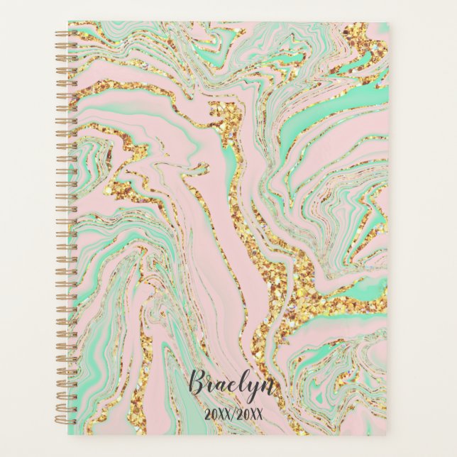 Pink and Mint Marble Gold Glitter Personalized   Planner (Front)