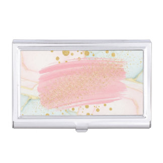 Pink and Mint Marble with Gold Glitter Brush Strok Business Card Case