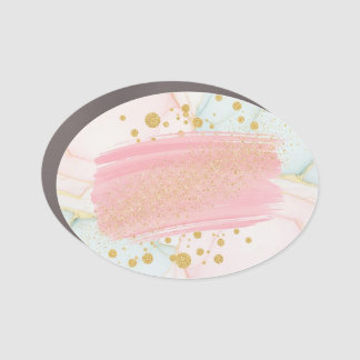 Pink and Mint Marble with Gold Glitter Brush Strok Car Magnet