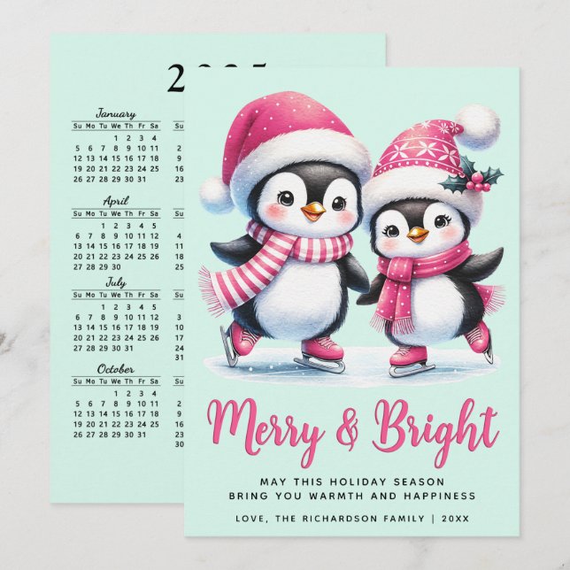 Pink and Mint Merry and Bright Penguin Christmas Holiday Card (Front/Back)