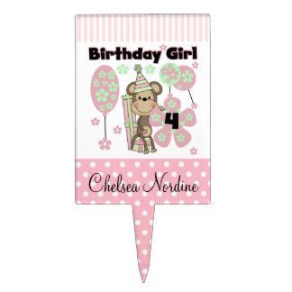 Pink and Mint Monkey 4th Birthday Cake Topper