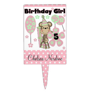 Pink and Mint Monkey 5th Birthday Cake Topper