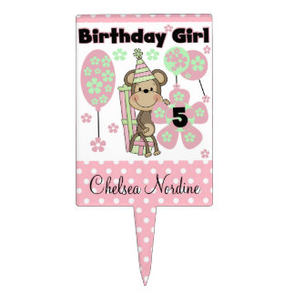 Pink and Mint Monkey 5th Birthday Cake Topper