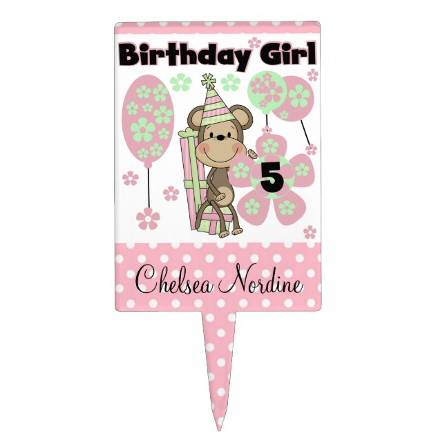 Pink and Mint Monkey 5th Birthday Cake Topper (Front)