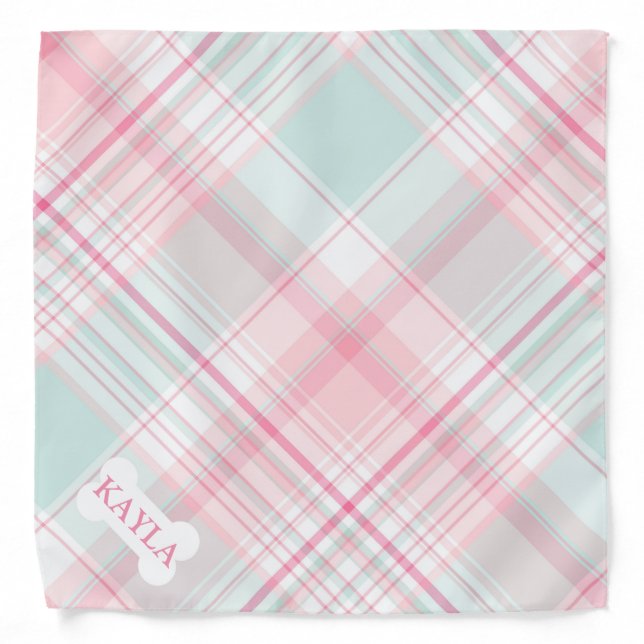 Pink and Mint Plaid Custom Name Dog Bandana (Front)