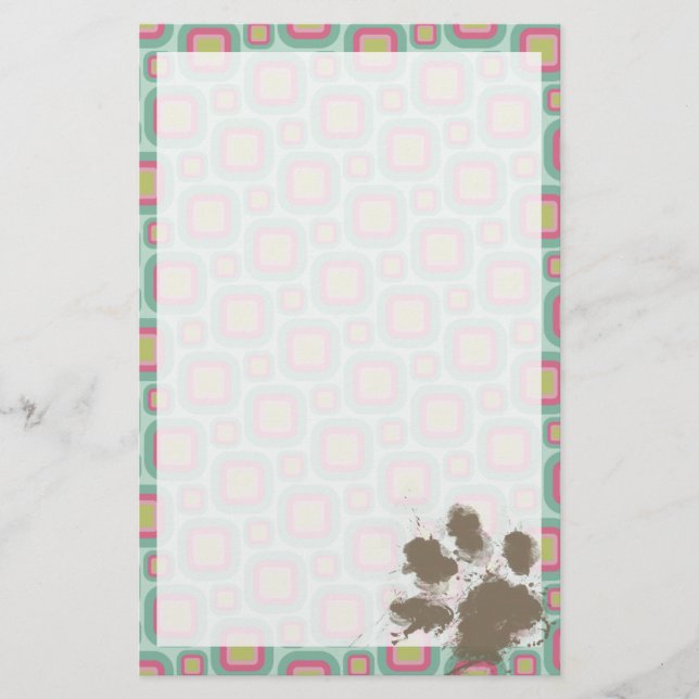 Pink and Mint Retro; Funny Pawprint Stationery (Front)