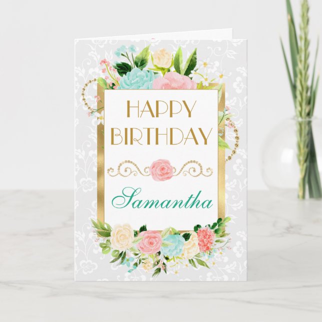 Pink and Mint Summer Flowers Gold Foil Birthday Card (Front)