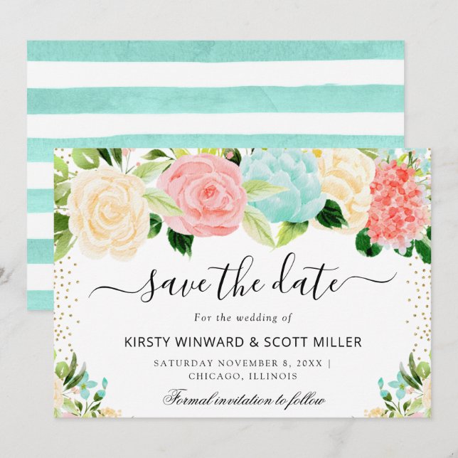 Pink and Mint Summer Flowers Wedding Save The Date (Front/Back)
