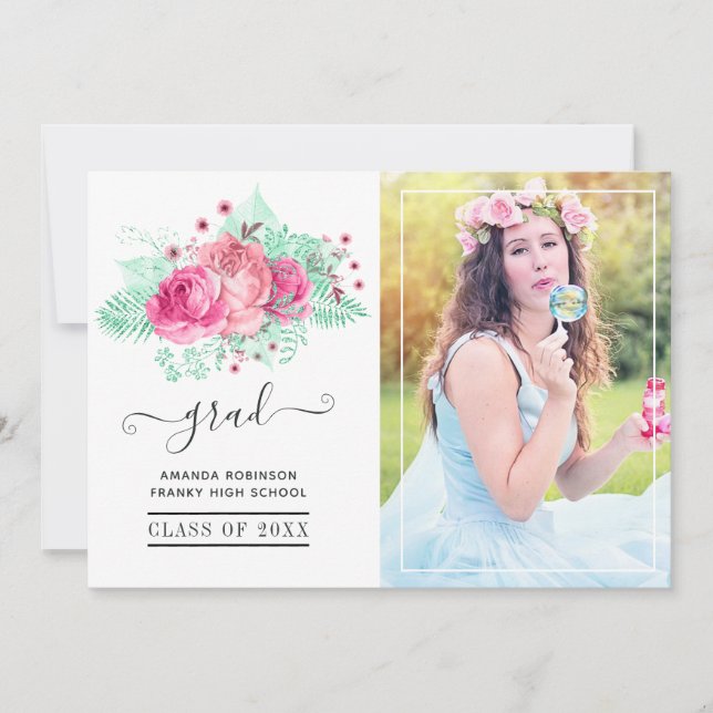 Pink and Mint Tropical Floral Graduation Photo Announcement (Front)