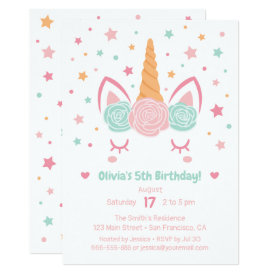 Pink and Mint Unicorn Horn Girls Birthday Party Card