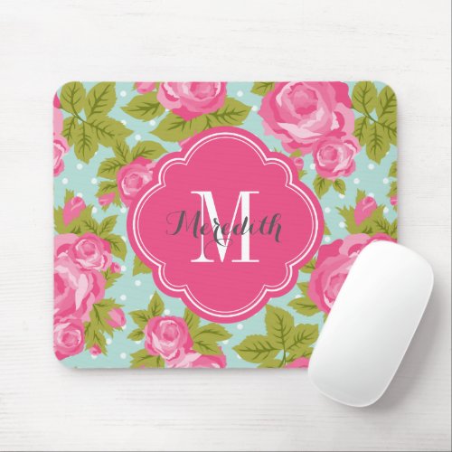 Pink and Mint Vintage Roses Monogram Mouse Pad