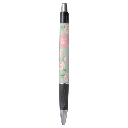 Pink and Mint Vintage Roses Pattern Monogrammed Pen