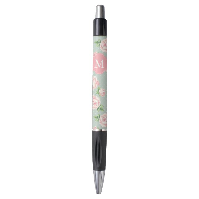 Pink and Mint Vintage Roses Pattern Monogrammed Pen (Front Vertical)