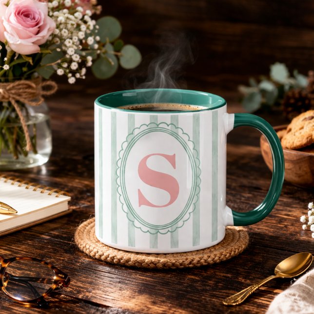 Pink and Mint Watercolor Striped custom monogram Mug (Creator Uploaded)