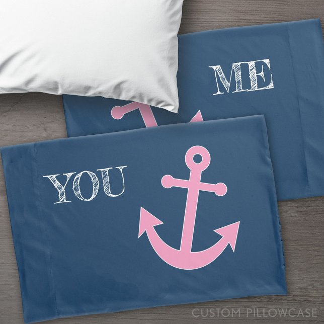 Pink and Navy Anchor with Custom Names Pillow Case (Custom Pillowcase)