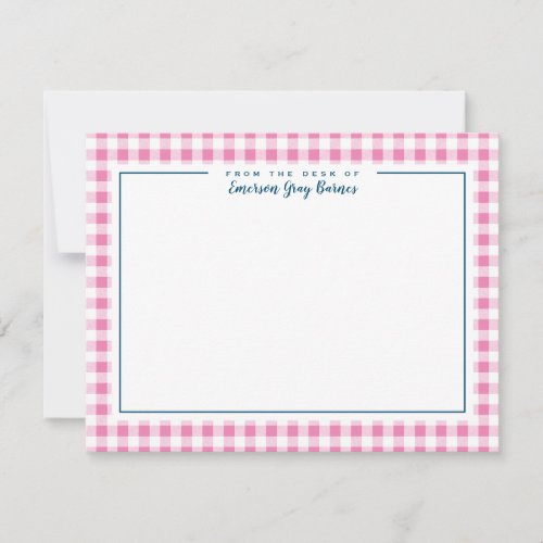 Pink and Navy Blue Accent Gingham Stationery Card