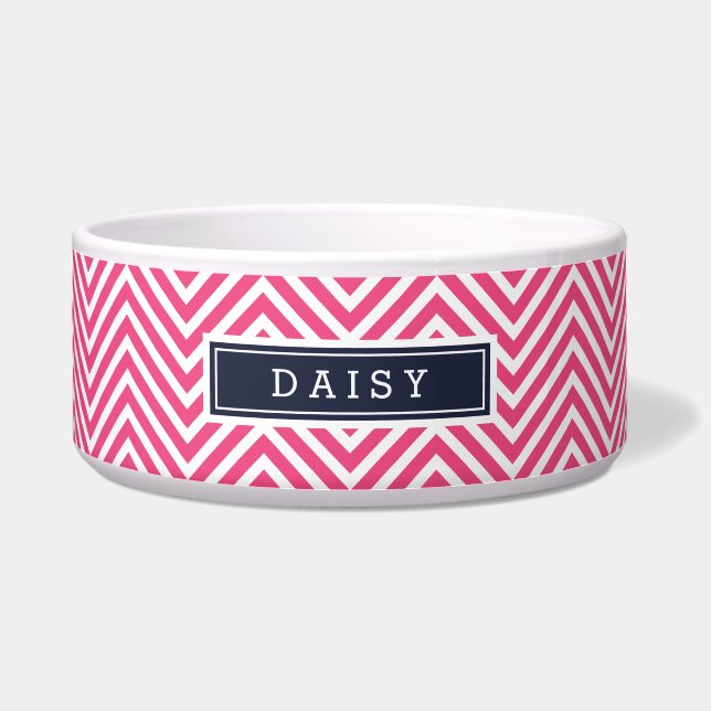 Pink and Navy Blue Chevron Monogram Bowl (Front)