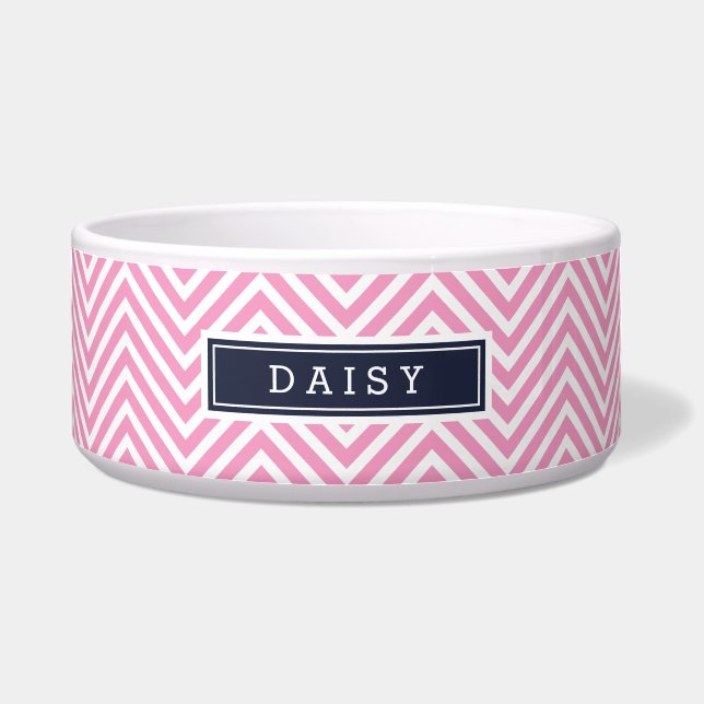 Pink and Navy Blue Chevron Monogram Bowl (Front)