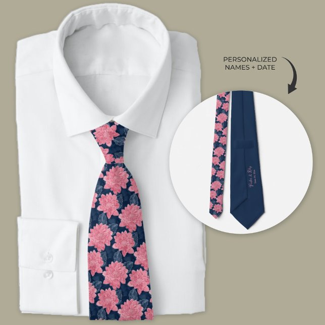 Pink and Navy Blue Dahlia Groomsmen Neck Tie (Pink dahlia floral wedding neck tie.)